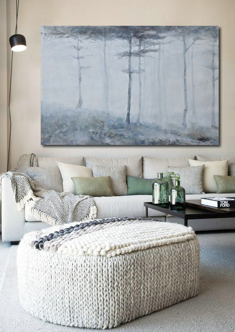 Large Abstract Painting On Canvas,Horizontal Abstract Landscape Oil Painting On Canvas,Canvas Wall Art,White,Grey,Black